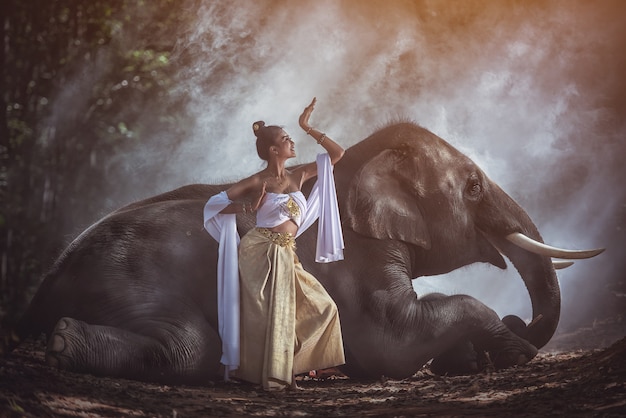 Bella donna che indossa i vestiti tradizionali di seta tailandesi con l'elefante, provincia di surin, tailandia