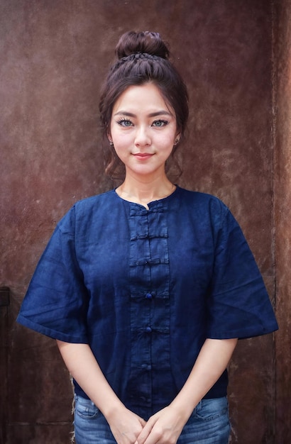 Beautiful woman wearing Traditional Thai blue shirt with short sleeves Morhom generative AI