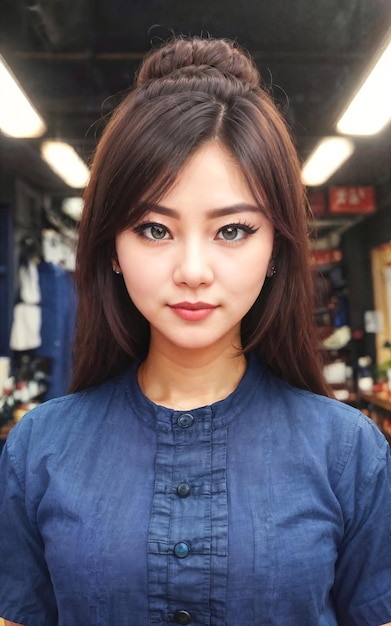 짧은 소매 Morhom 생성 AI가 있는 전통 태국 파란색 셔츠를 입은 아름다운 여성