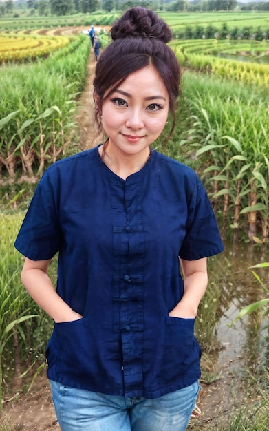 Beautiful woman wearing Traditional Thai blue shirt with short sleeves Morhom generative AI