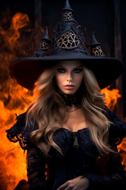 a beautiful woman wearing witch clothes for halloween celebration