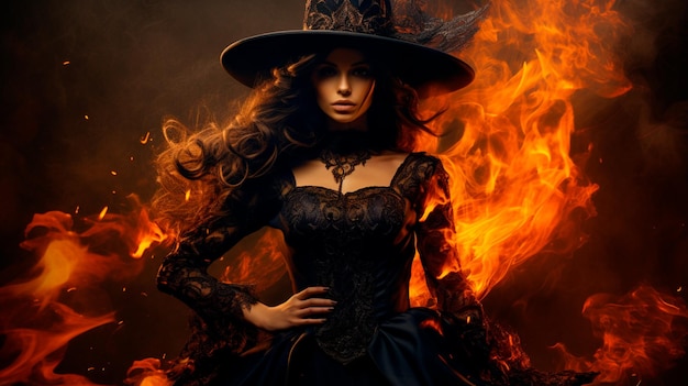 A beautiful woman wearing witch clothes for halloween celebration