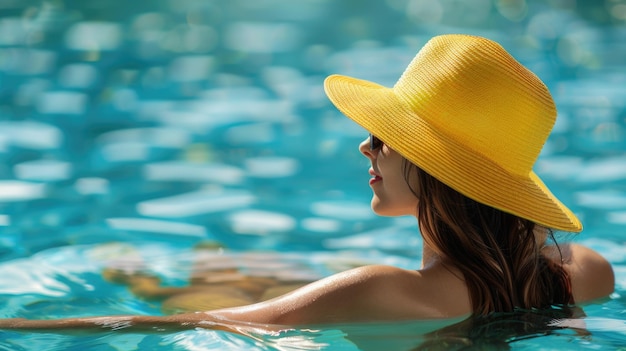 Красивая женщина в желтой шляпе отдыхает в бассейне на курорте