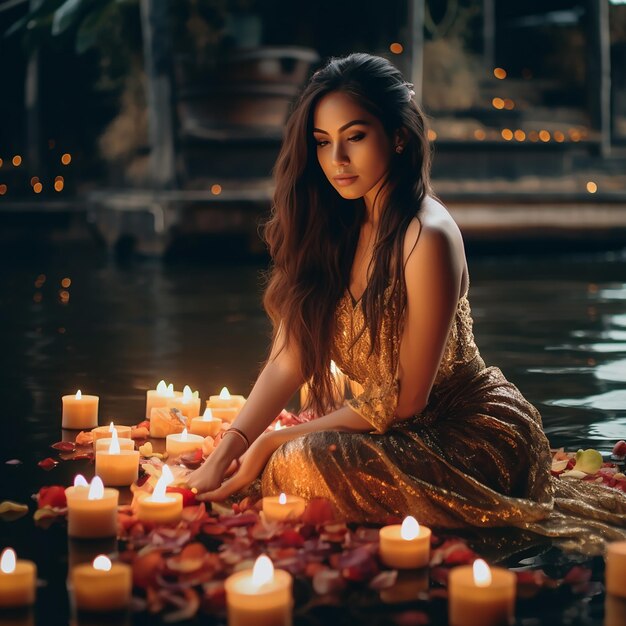 Foto bella donna che indossa un vestito giallo thai loi krathong decorato con fiori candele e incenso