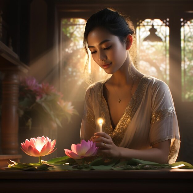 Beautiful woman wearing a yellow Thai Loi Krathong dress decorated with flowers candles and incense