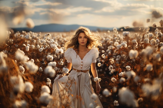 Beautiful woman in white dress in cotton field