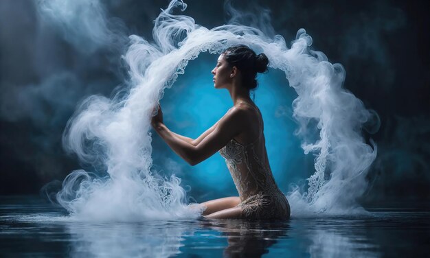 Photo beautiful woman in white dress dancing in the smoke on a dark background ai generative