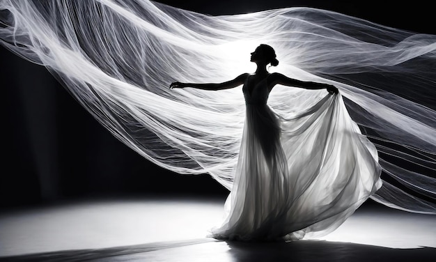  드레스를 입은 아름다운 여성이 어두운 배경에서 연기에 춤을 추고 있습니다.