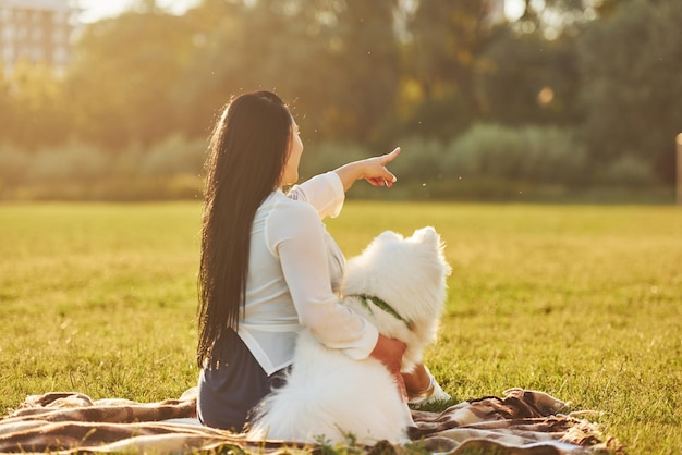 晴れた日中にフィールドに彼女の犬と一緒に座っている白いシャツの美しい女性