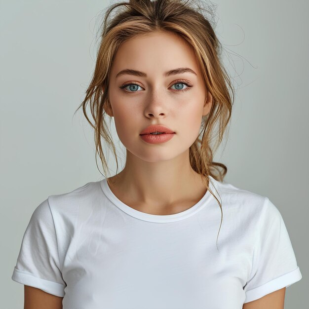 Beautiful woman in a white tee shirt with blue eyes