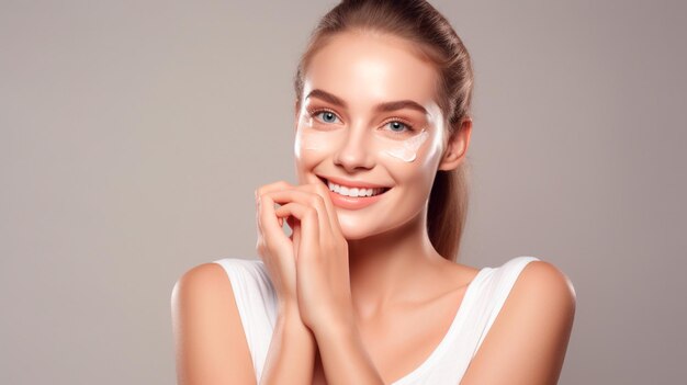 Photo beautiful woman in white towel on her shoulders applying cream on her face