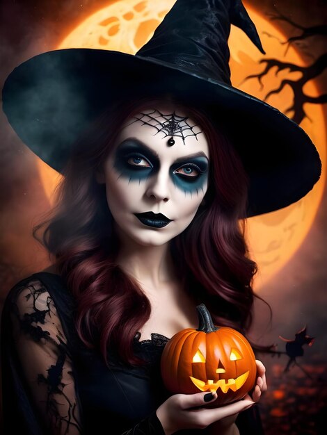 Beautiful woman in witch costume with Halloween makeup Halloween candle pumpkins and bats