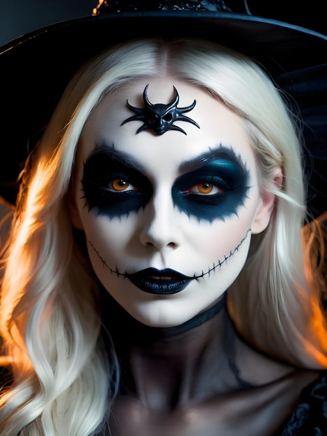 Beautiful woman in witch costume with Halloween makeup Halloween candle pumpkins and bats