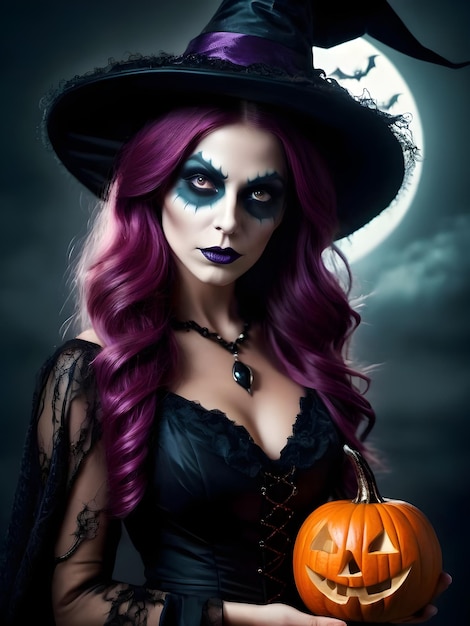 ハロウィーンのメイクアップと魔女の衣装を着た美しい女性ハロウィーン キャンドル カボチャとコウモリ