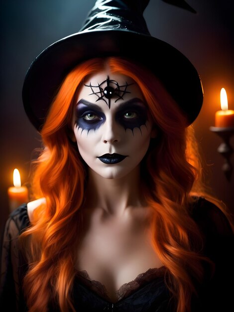 Beautiful woman in witch costume with Halloween makeup Halloween candle pumpkins and bats