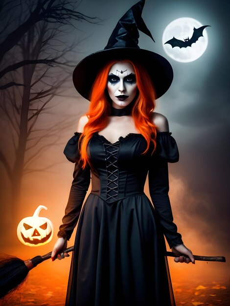 Beautiful woman in witch costume with halloween makeup halloween candle pumpkins and bats