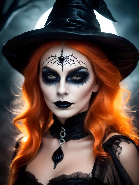 Beautiful woman in witch costume with Halloween makeup Halloween candle pumpkins and bats