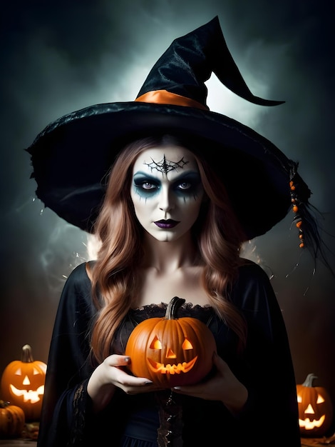 Beautiful woman in witch costume with Halloween makeup Halloween candle pumpkins and bats