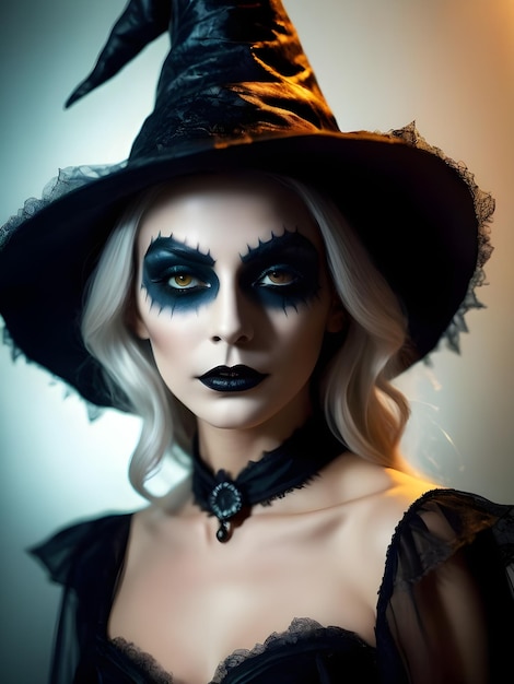 Beautiful woman in witch costume with Halloween makeup Halloween candle pumpkins and bats