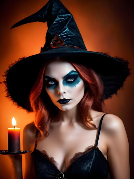 Beautiful woman in witch costume with halloween makeup halloween candle pumpkins and bats