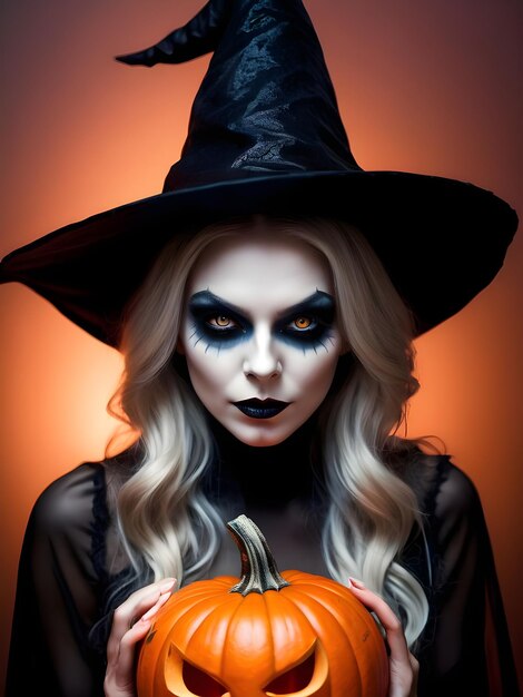 Beautiful woman in witch costume with Halloween makeup Halloween candle pumpkins and bats