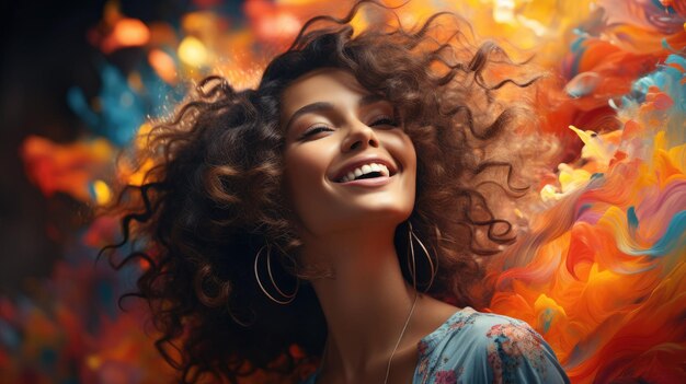 beautiful woman with afro hair smiling on bright background smiling portrait