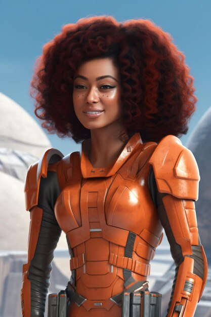 Красивая женщина с афро причёской позирует в футуристическом космическом костюме
