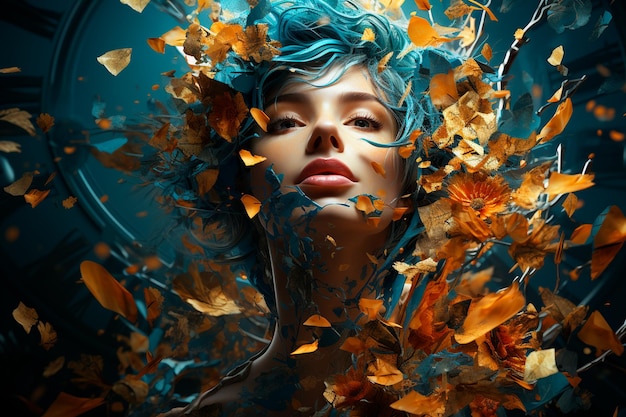 beautiful woman with autumn leaves and red lips