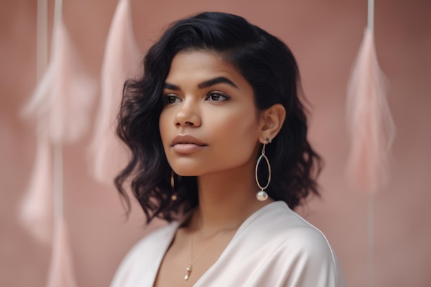 Beautiful woman with baby pink backdrop wearing a sheer white top and gold jewelry