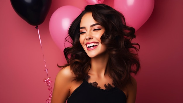 Beautiful woman with balloons on pink isolated background