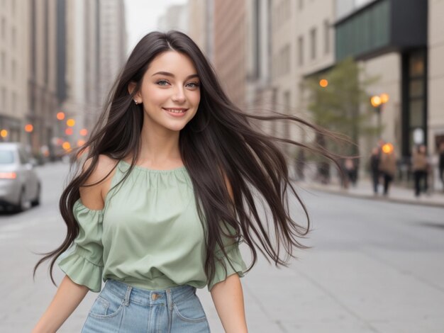 Beautiful woman with black hair and blue eyes