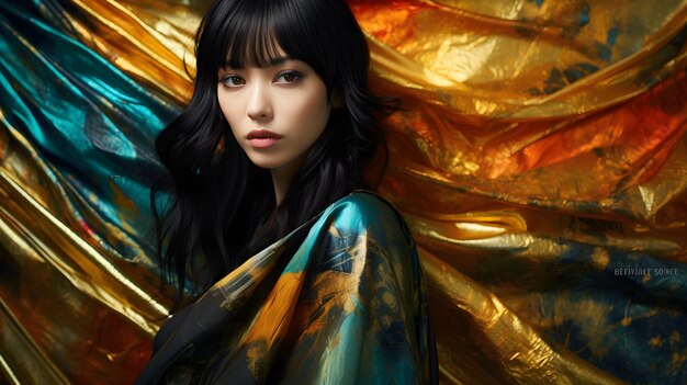 Beautiful woman with black hair and colorful background style of modern and contemporary fashion