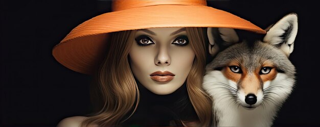 Beautiful woman with black hat in dark background fox fashion