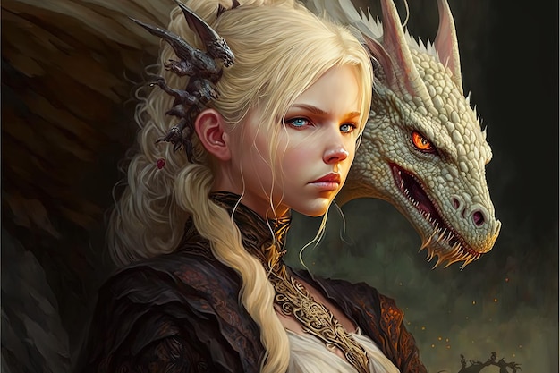 Beautiful woman with blond hair and her dragon pet fantasy creature Generative Ai Generative AI