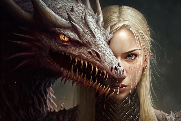 Beautiful woman with blond hair and her dragon pet fantasy creature Generative Ai Generative AI