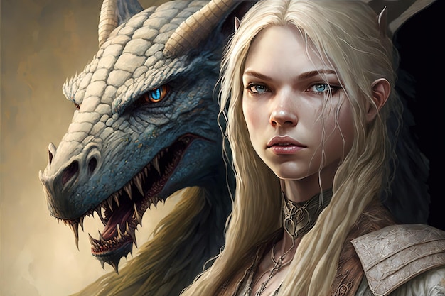 Beautiful woman with blond hair and her dragon pet fantasy creature Generative Ai Generative AI