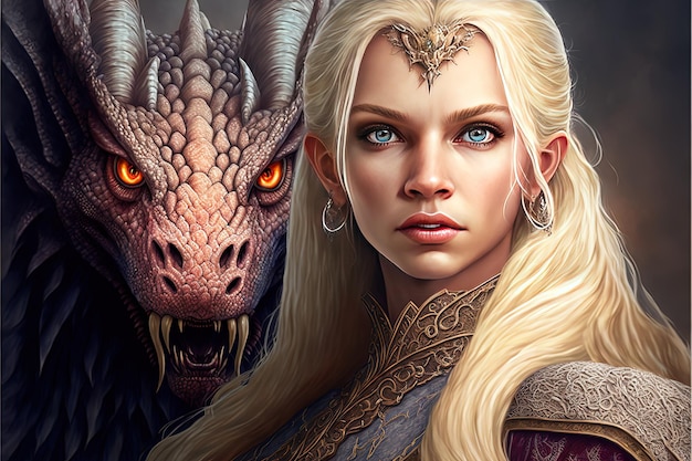 Photo beautiful woman with blond hair and her dragon pet fantasy creature generative ai generative ai