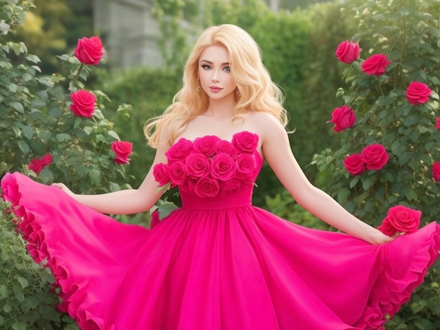 Красивая женщина с светлыми волосами в розовом саду.