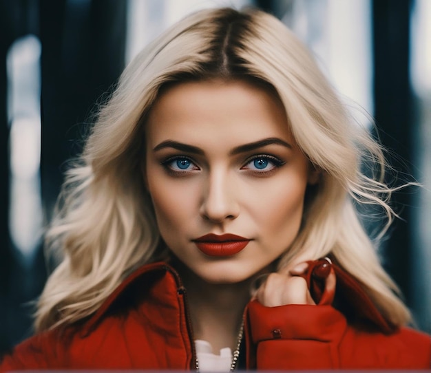 A beautiful woman with blonde hair and blue eyes wearing a red jacket and posing for a picture