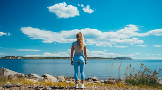 Photo beautiful woman with blue sky and clouds on the beach