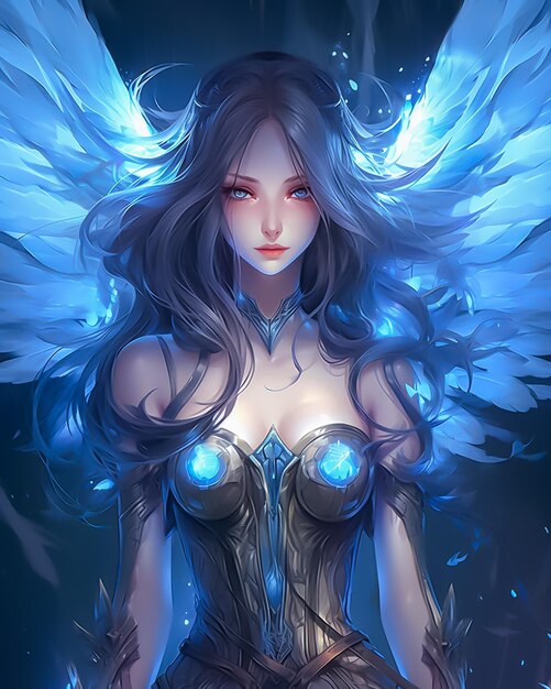 Beautiful woman with blue wings powerful Anime style Angel Game Character concept Ai Generated