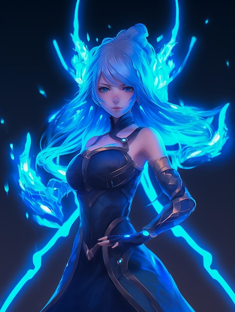 Beautiful woman with blue wings powerful Anime style Angel Game Character concept Ai Generated