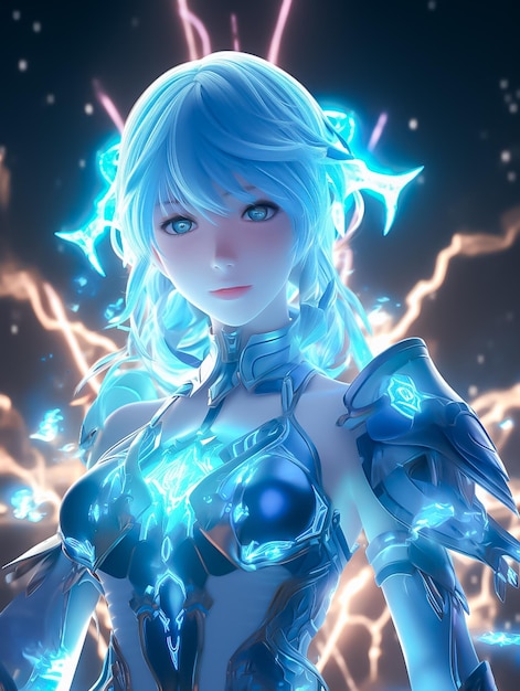 Beautiful woman with blue wings powerful Anime style Angel Game Character concept Ai Generated