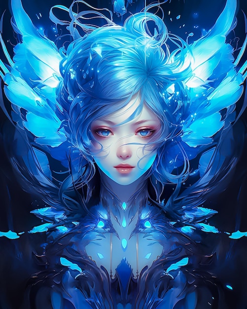 Beautiful woman with blue wings powerful Anime style Angel Game Character concept Ai Generated