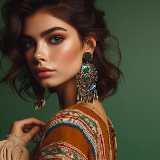 beautiful woman with boho dress earrings