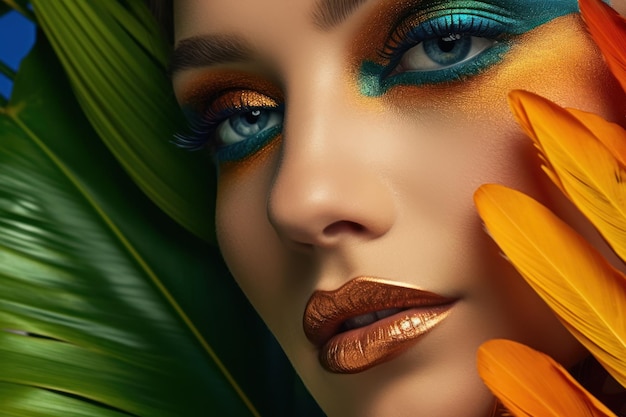 Beautiful woman with bright makeup and feather on her face Generative AI