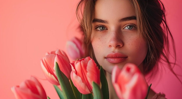 a beautiful woman with bunch of tulips on a pink background