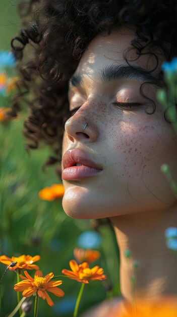 Photo beautiful woman with closed eyes in the field with a flower in her hands