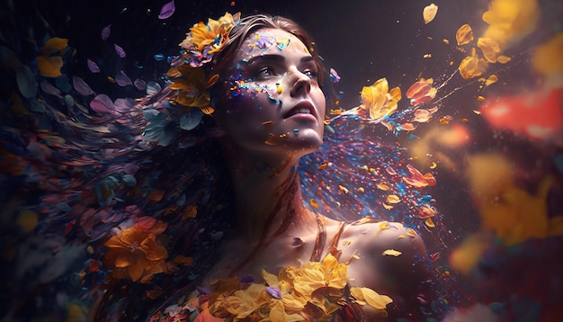 Beautiful Woman with colorful flowers. Generative AI.