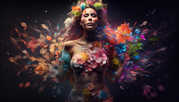 Beautiful Woman with colorful flowers. Generative AI.